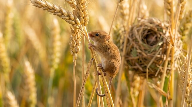 A harvest mouse climbing on wheat stalks next to its nest in a golden field.