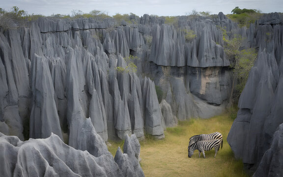 Detailed Geological Formations of Tsingy de Bemaraha, a pair of zebras on the grass. A mountain landscape in the morning.