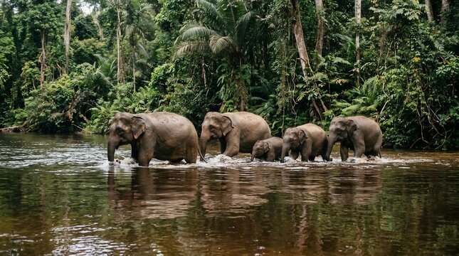 A herd of Bornean pygmy elephants crossing a river in the tropical rainforest.