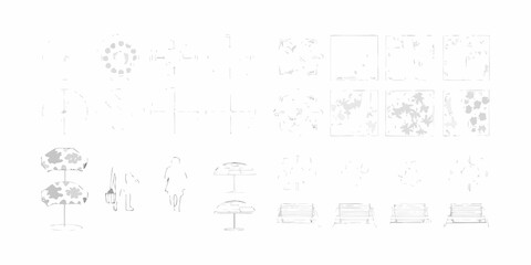 Obraz premium minimalist line drawing illustrations of people with umbrellas and abstract shapes on white background
