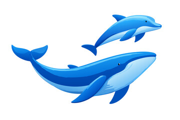 Fototapeta premium Vector illustration of a blue whale and dolphin swimming together, isolated on transparent background, symbolizing marine life, ocean wildlife, nature and sea conservation