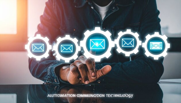 Automation communication technology with glowing gear email icons
