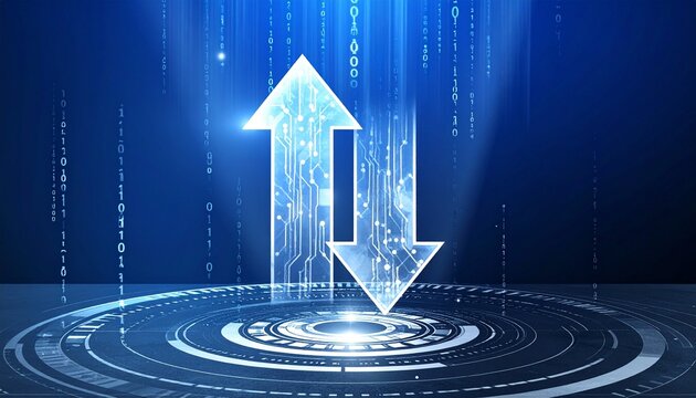 Digital arrows showing upload and download data transfer