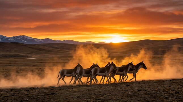 A herd of wild kiangs running across the Tibetan plateau at sunset.