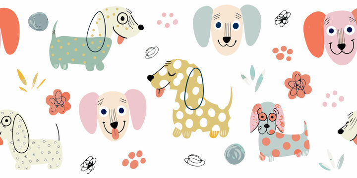 hand drawn dog breeds pattern colorful illustration of poodles bulldogs and dachshunds on white background