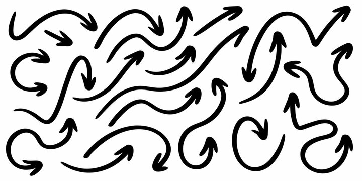 Collection of curved black arrows in various directions on a white background