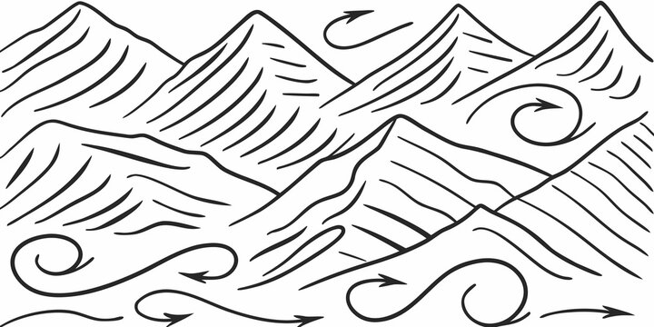 mountain range illustration with cross hatching and swirling wind patterns on white