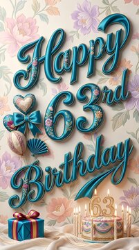 Turquoise Metallic Happy 63rd Birthday Typography with Floral Background Heart Balloon Gift Box and Celebration Cake