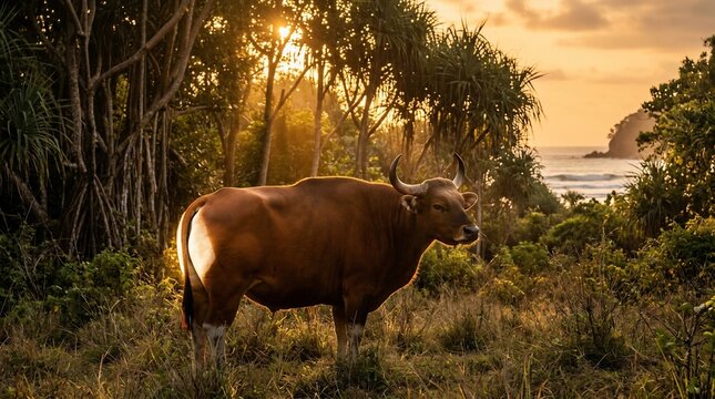 A Javan Banteng grazing in the lush tropical forest at sunset.