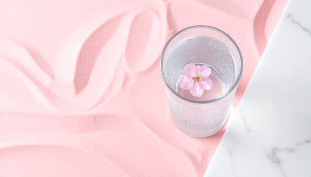 桜の花びらが浮かぶ透明なグラスと、ピンクの砂紋、大理石が織りなすフェミニンな俯瞰
