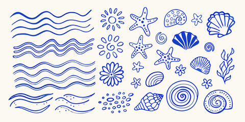 hand drawn nautical doodle set in blue ink featuring shells waves and starfish © Asit