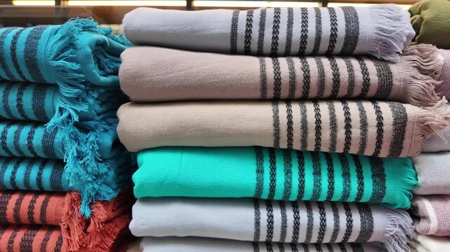 Handwoven blankets on display in local market stall