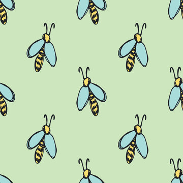 Seamless pattern with hand drawn happy funny cute honey bee Adorable flying striped insect friendly kawaii bumble bee For kids print, wrapping paper, packaging, fabric