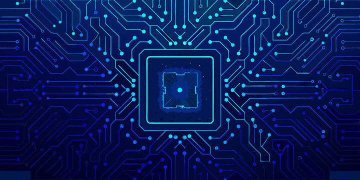 abstract circuit board pattern with central microchip glowing blue lines on dark background