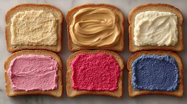 Six slices of toasted bread spread with colorful jams and butter sugar paste breakfast confectioner