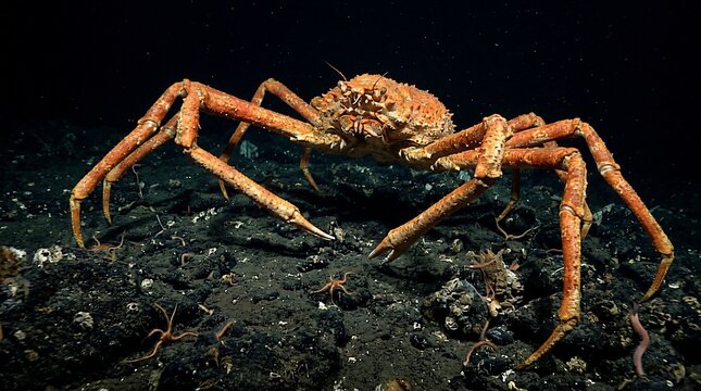 A Large Deep Sea Spider Crab Crawling on the Ocean Floor.