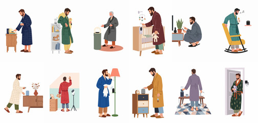 Set of flat illustrations depicting female florists at work, performing various tasks such as flower arranging, pruning, and watering beautiful bouquets and plants. © Pytu