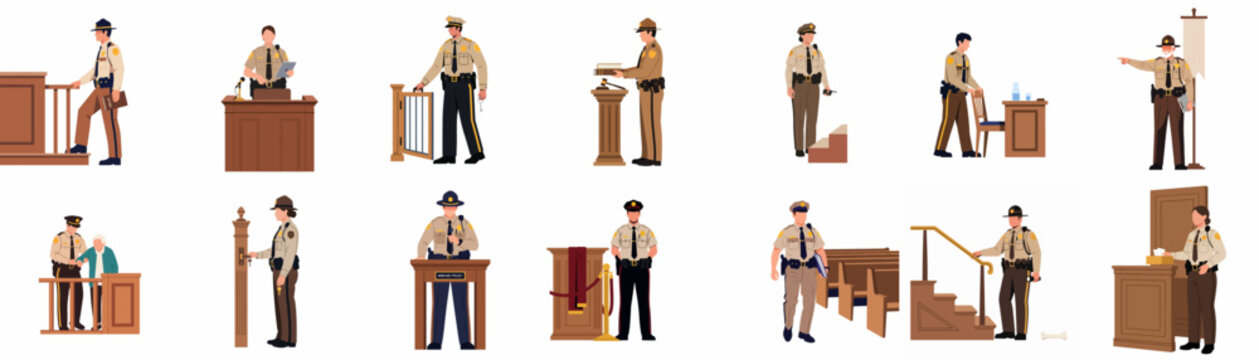 Collection of courtroom officers and bailiffs in various poses and situations performing duties in a judicial setting flat vector illustration on white background