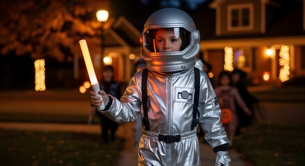 Naklejka premium Child in astronaut costume holding glow stick trick or treating at night