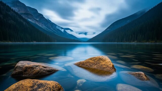 Calm alpine lake mirrors rugged valleys beneath a moody, clouded sky; smooth rocks frame foreground