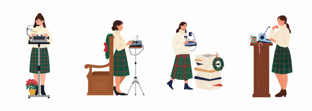 Set of flat vector illustrations showing a professional woman using various stenography machines and a typewriter in festive holiday-themed office environments.