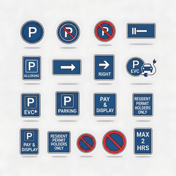 Set of Parking and Traffic Road Sign Icons.