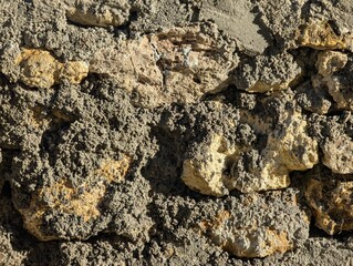 Fototapeta premium Rustic Stone Wall Texture with Rough Gray Mortar and Limestone Blocks Description: Close-up of an old, weathered stone wall built with irregular limestone blocks and thick, coarse gray mortar, showcas