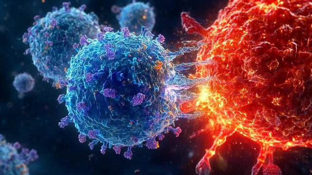 Vibrant digital illustration showcasing virus interaction with cells, emphasizing biosafety measures healthcare and battle against pathogens science