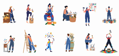 Fototapeta premium Diverse Collection of Female Artist Illustrations in Denim Overalls Showcasing Creative Painting Tools, Financial Success, and Artistic Passion in Modern Flat Style