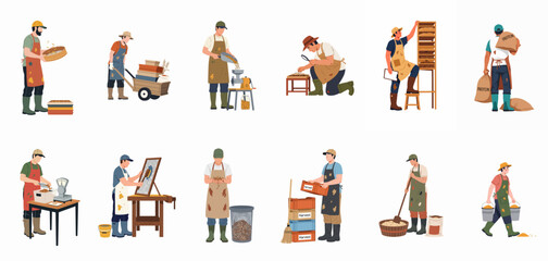 A set of male workers engaged in various stages of insect farming and alternative protein production on a white background. © Pytu