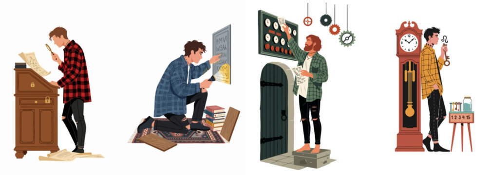 Four illustrated scenes of young men solving puzzles, deciphering clues, and finding keys in an escape room themed adventure.