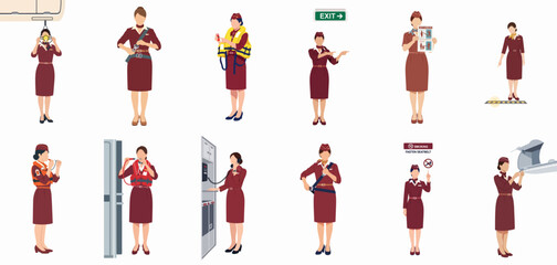 Fototapeta premium A set of flat vector illustrations depicting a flight attendant in a burgundy uniform demonstrating safety procedures and performing cabin duties.