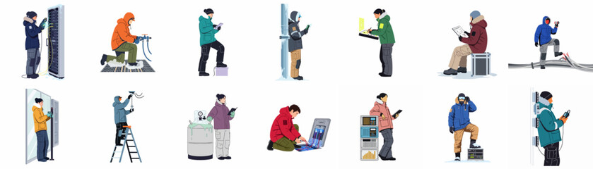 Set of diverse technicians and engineers in winter gear performing maintenance and technical tasks on various equipment in cold arctic environments. © Sepuluh