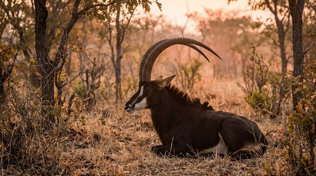 A magnificent male sable antelope resting in the golden savanna landscape.