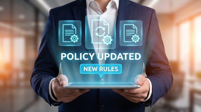 Businessman holding a tablet with a holographic display showing a policy update notification with new rules and document icons in a modern office