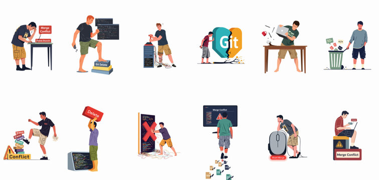 Collection of illustrations depicting frustrated software developers struggling with Git version control, merge conflicts, code errors, and technical difficulties.