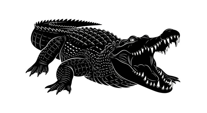 Aggressive Crocodile Open Mouth With Sharp Teeth, Black and White Illustration