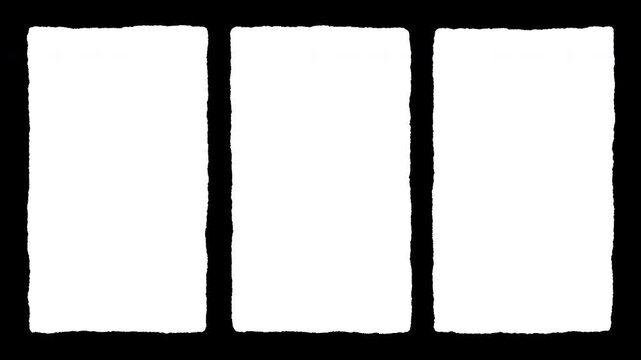 Vintage hand drawn triptych matte frame loop animation featuring three vertical panels with flickering jittery rough torn paper edge texture on transparent background