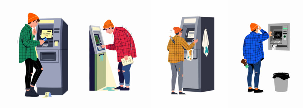 Illustration of a man facing various financial difficulties and problems while using an automated teller machine (ATM).