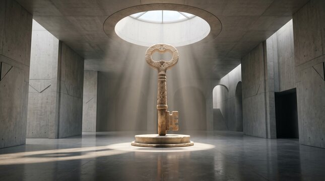 Large stone key standing in a minimalist architectural space illuminated by natural light from above.