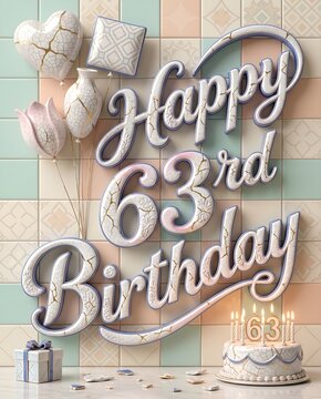 Elegant Silver 63rd Birthday Typography with Pastel Pattern Background Cake Balloons and Gift Box
