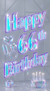 Iridescent 66th Birthday Greeting Typography with Metallic Balloons Cake and Gift Boxes