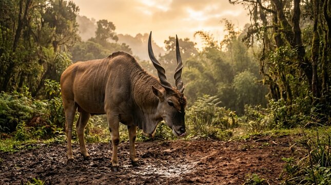 A majestic male eland antelope standing in a lush tropical rainforest at sunset.
