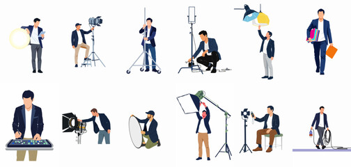 Fototapeta premium Collection of flat vector illustrations featuring professional film and photography crew members working with studio lighting, sound equipment, and production gear.