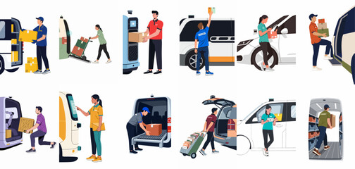 Fototapeta premium Collection of flat vector illustrations featuring diverse couriers loading and unloading packages from various delivery vehicles, including vans and autonomous robots.