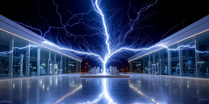 Modernization of electric grid lightning innovations in energy infrastructure high-tech facility futuristic environment dramatic viewpoint