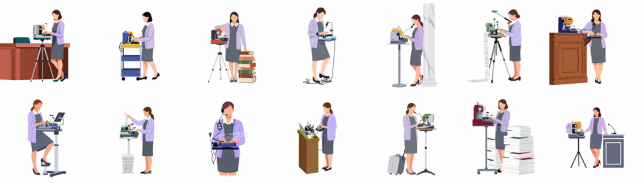 Collection of illustrations featuring a professional female court reporter using various stenotype machines and equipment in diverse legal and administrative settings.