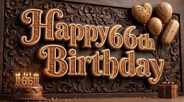 Rustic Happy 66th Birthday Illustration with Carved Wood Details and Decorative Hearts
