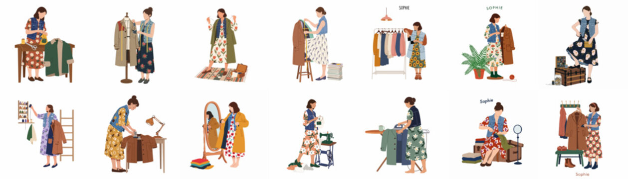 Set of flat vector illustrations depicting women involved in various sewing, tailoring, fashion design, and garment care activities on a white background.
