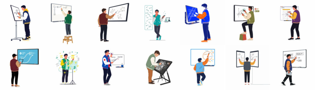 Set of flat illustrations showing male students in varsity jackets using interactive whiteboards, smart screens, and tablets for mathematics, science, and technical learning.